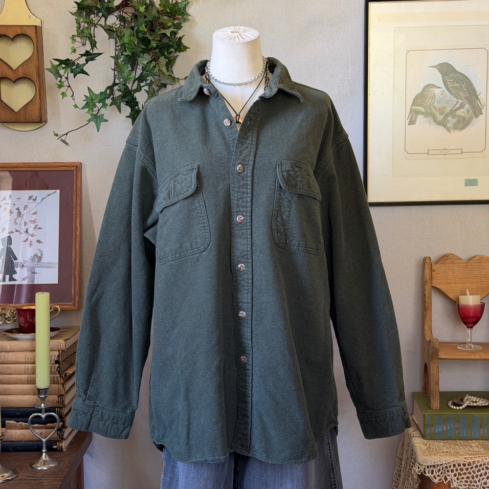 Green Cozy Chunky Flannel Button Down Shirt Oversized Dadcore 90s Indie Grunge